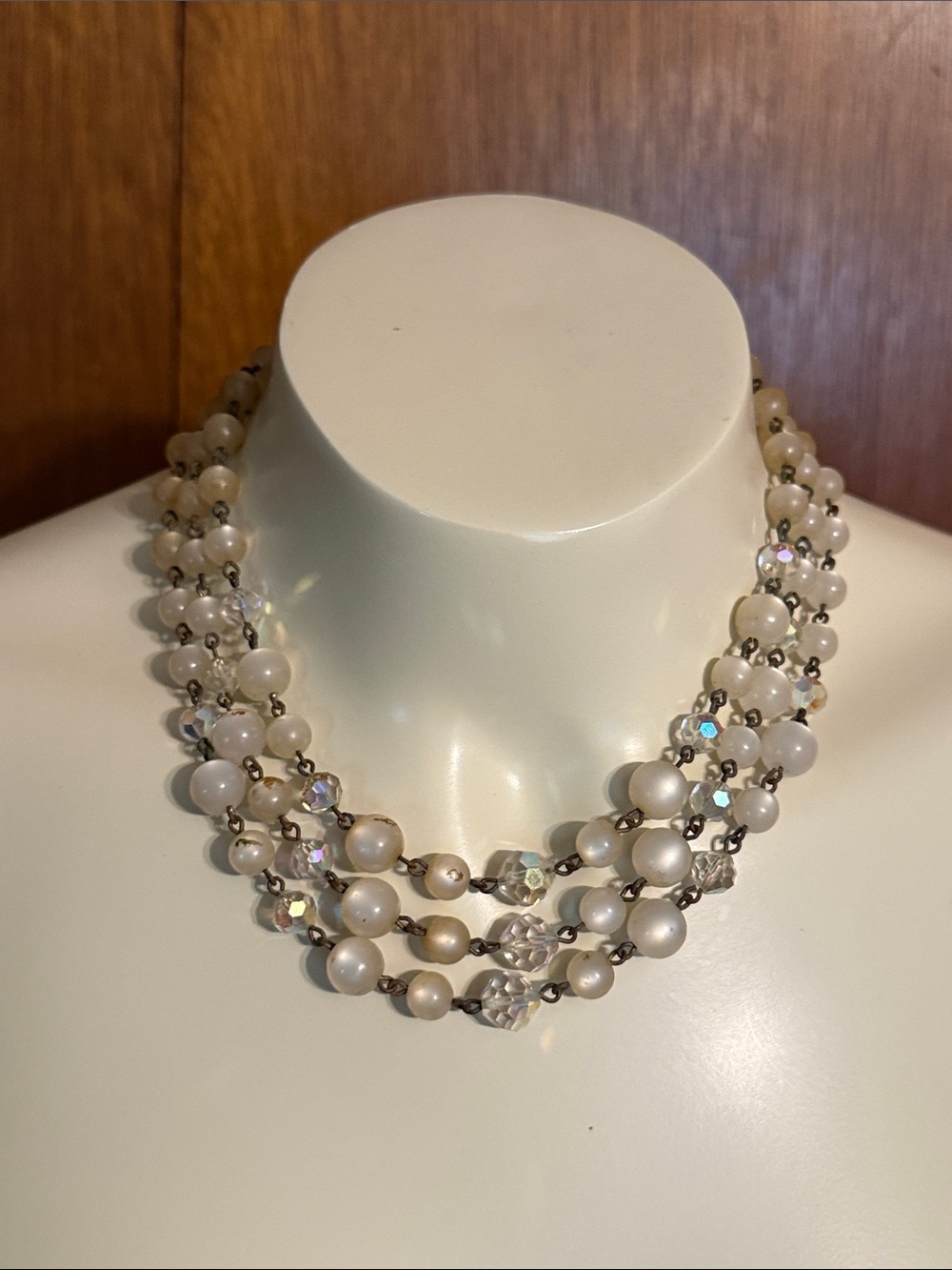 Vintage Ivory Multi-Strand Pearl and Crystal Necklace